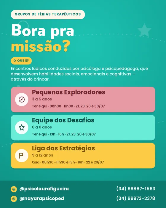 Arte dos Grupos de Férias Terapêuticos: Bora pra missão? Turmas de 3 a 12 anos